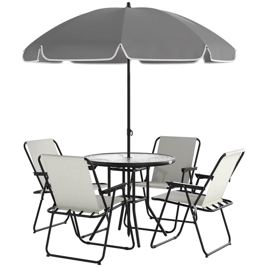 6 Pieces Patio Dining Set with Umbrella, Patio Furniture Set with Folding Chairs, Glass Table for Garden Backyard, Cream