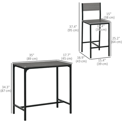 Industrial Bar Table Set Counter Height 3 Piece and 2 High Back Stools Set Dining Table Set Grey
