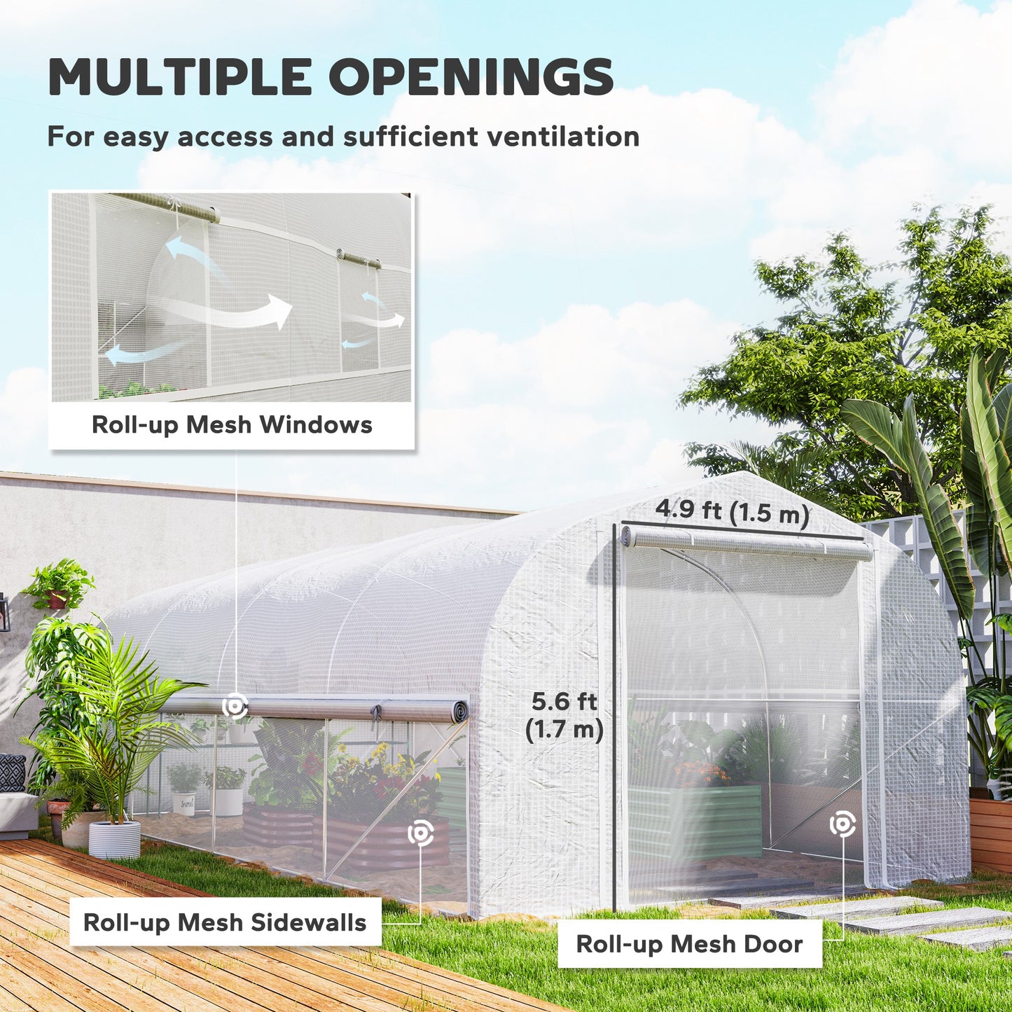 19.5' x 10' x 6.6' Tunnel Greenhouse Outdoor Green House with Roll-up Mesh Sidewalls, Mesh Door, Galvanized Steel, Wind 