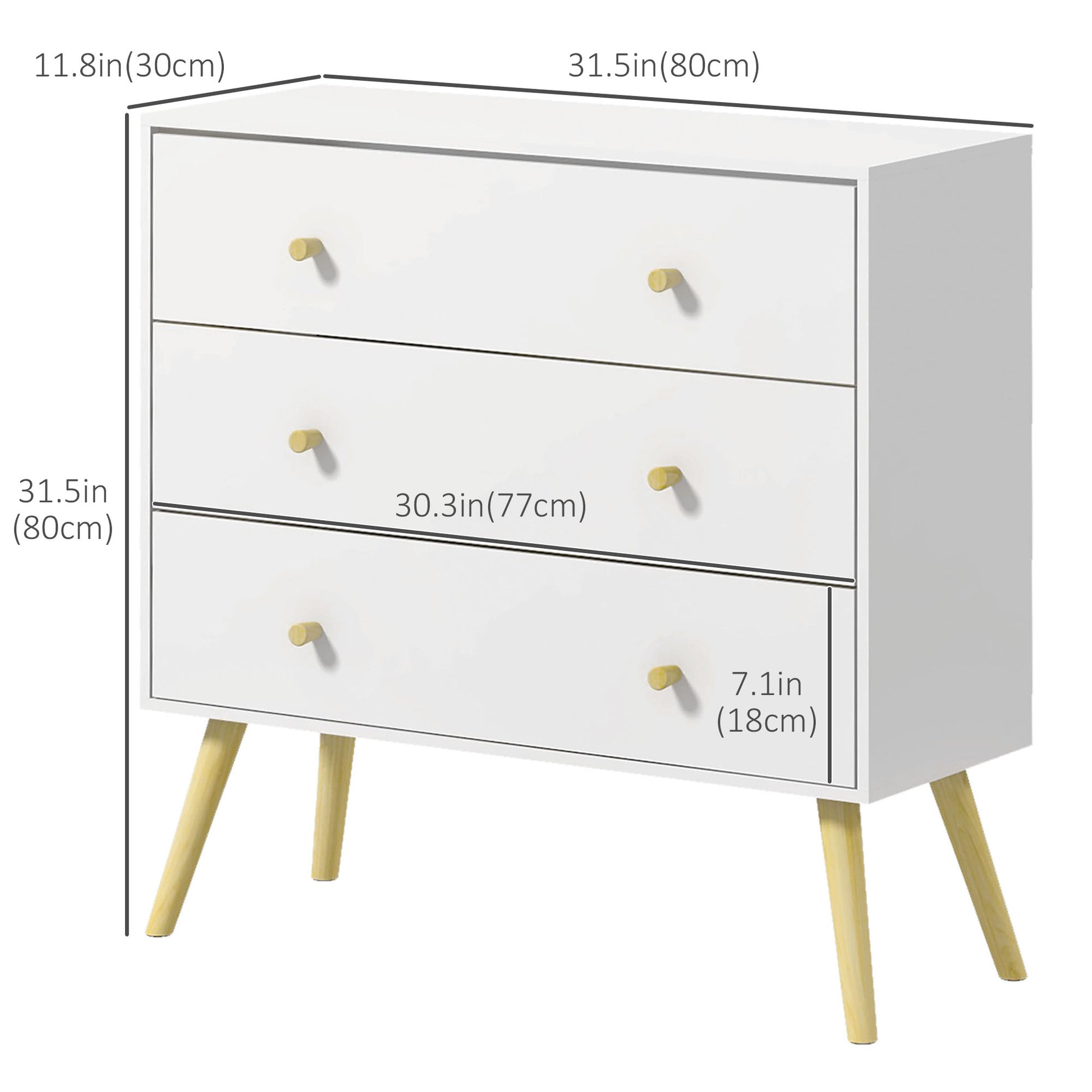 White Dresser for Bedroom with 3 Drawers, Morden Chest of Drawers with Solid Wood Legs and Handles, Storage Organizer fo