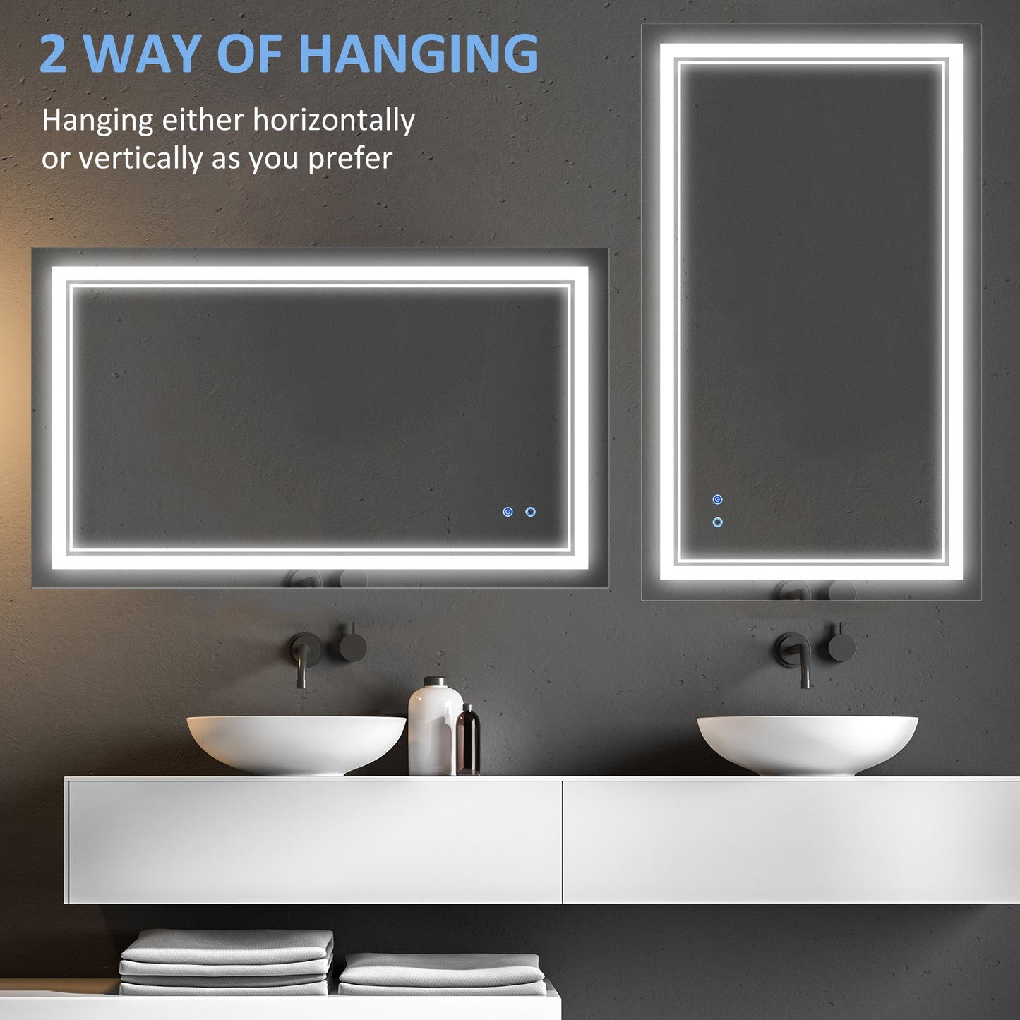 40" x 24" LED Bathroom Mirror, Dimmable Lighted Wall-Mounted Mirror, with 3 Colour, Smart Touch, Plug-in, Vertical or Ho