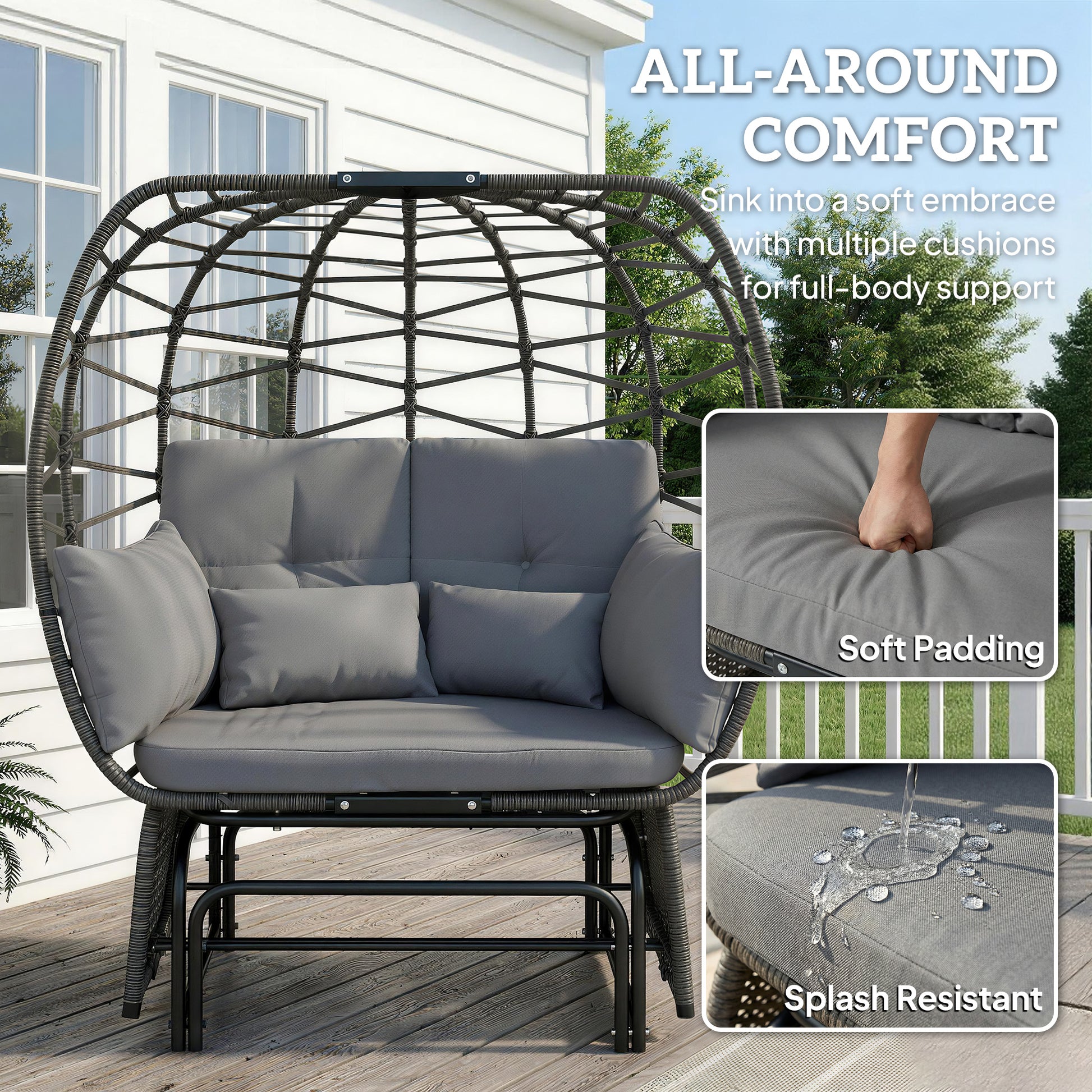 Double Outdoor Glider Egg Chair, Outdoor Loveseat Glider with Cushions and Pillows, Dark Grey