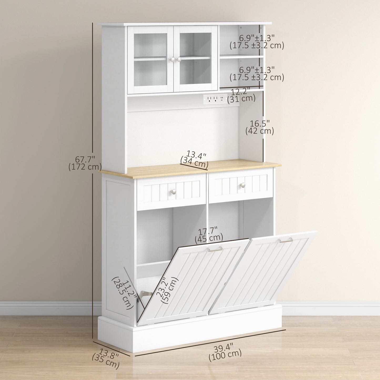 Kitchen Cabinet with Charging Station, 2 Tilt Out Cabinets, Microwave Stand, Freestanding Kitchen Pantry Cabinet, White