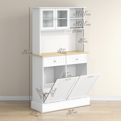 Kitchen Cabinet with Charging Station, 2 Tilt Out Cabinets, Microwave Stand, Freestanding Kitchen Pantry Cabinet, White