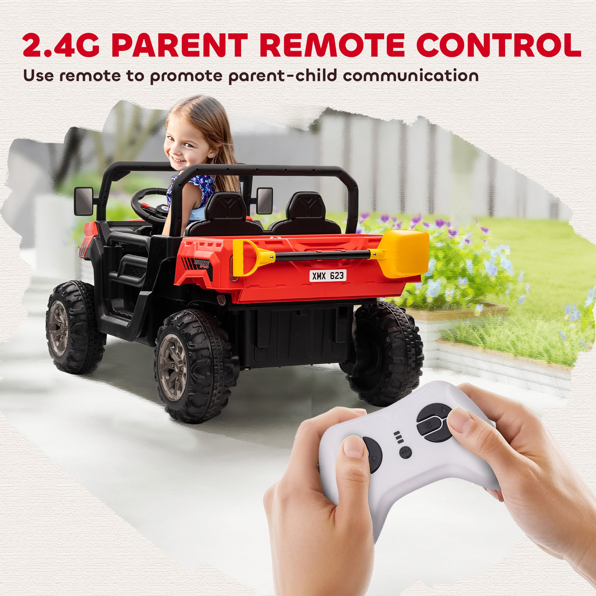 VarietyKart 12V Ride on Car with Electric Bucket, Two-Seater, Shovel, Remote Control, Spring Suspension, Horn, Music, Re