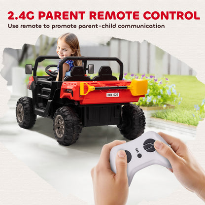 VarietyKart 12V Ride on Car with Electric Bucket, Two-Seater, Shovel, Remote Control, Spring Suspension, Horn, Music, Re
