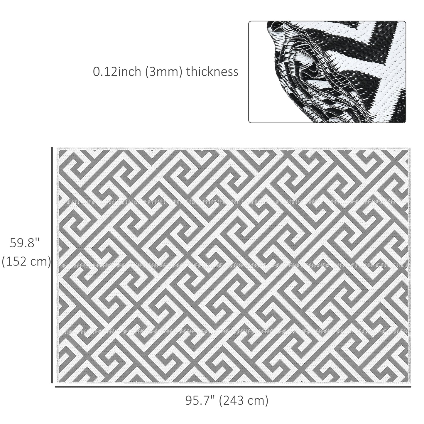 Reversible Outdoor RV Rug, Patio Floor Mat, 5' x 8' Plastic Straw Rug for Backyard, Deck, Beach, Camping, Grey & White