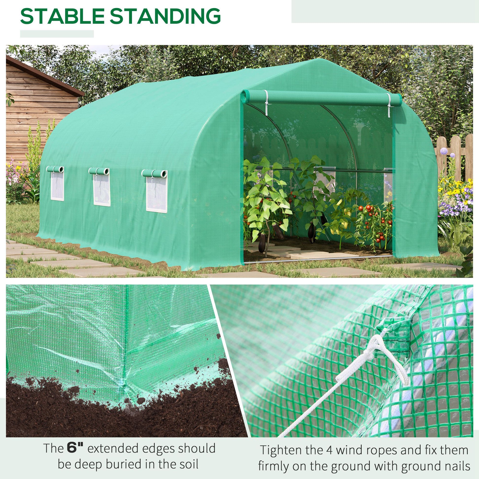 15' x 10' x 7' Walk-in Greenhouse Outdoor Plant Tunnel Warm Hot House w/ Roll Up Door and 6 Mesh Windows, Steel Frame, G