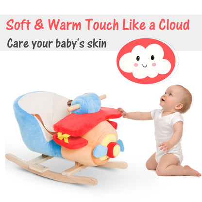 Qaba Baby Rocking Horse Plane Design Plush Stuffed Rocking Chair, Wooden Rocking Horse with Sound, Seat Belt for Boys an