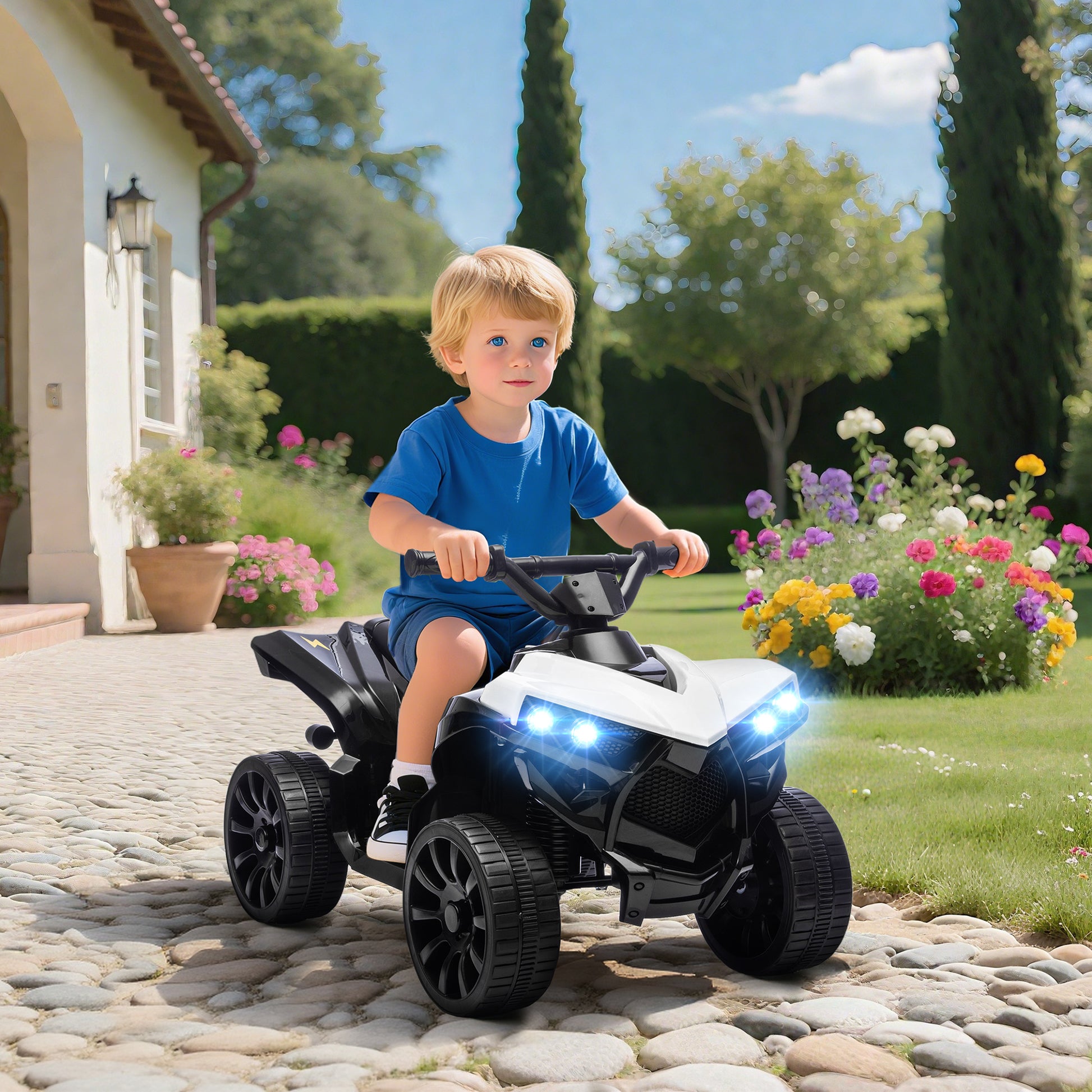 Qaba 6V Kids ATV, 4 Wheeler Electric Ride on Car with Music and LED Headlights, for Ages 37-72 Months Boys and Girls, Wh