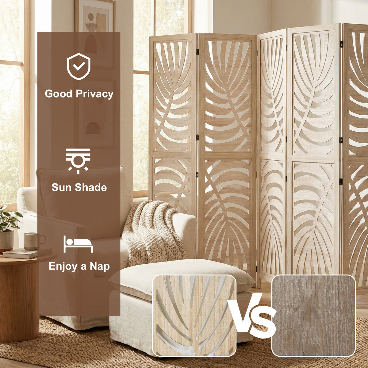 6 Panel Room Divider, Detachable Folding Privacy Screens with Palm Leaf Design for Home Office, Natural Wood