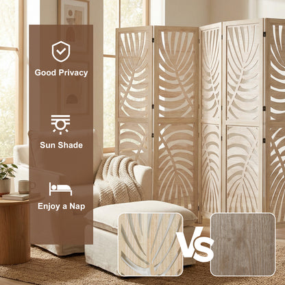 6 Panel Room Divider, Detachable Folding Privacy Screens with Palm Leaf Design for Home Office, Natural Wood