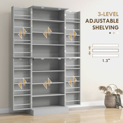 65" Kitchen Cabinet, Kitchen Pantry Cabinet with 4 Doors and 16 Door Shelves for Dining Room, Grey