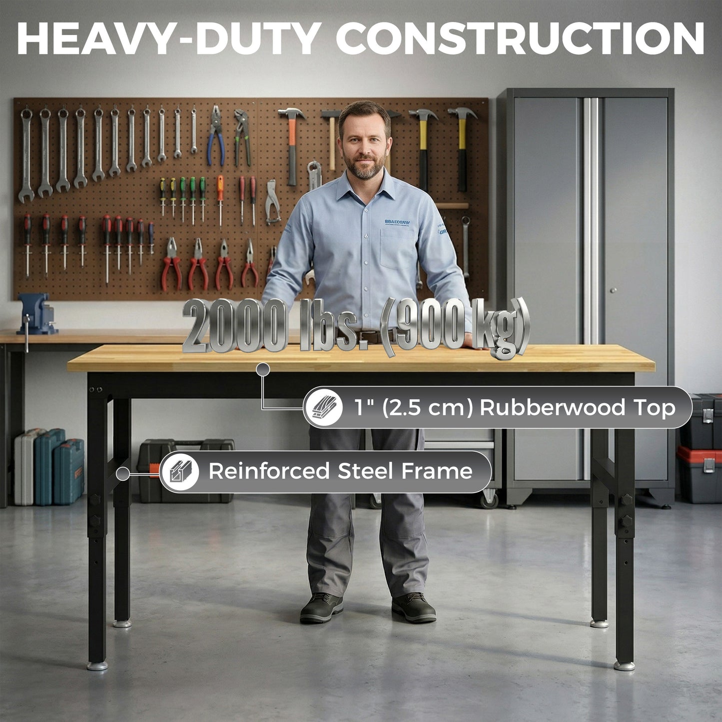 60" Adjustable Workbench, Heavy Duty Work Table with Rubber Wood Top, Power Outlets, Pegboard, 2000 LBS Capacity