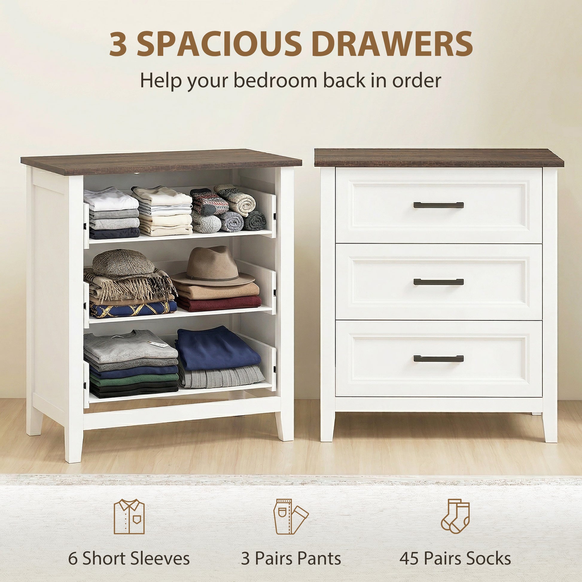 Dresser for Bedroom with 3 Drawers Storage Chest of Drawers for Living Room, Closet, Laundry, Entryway