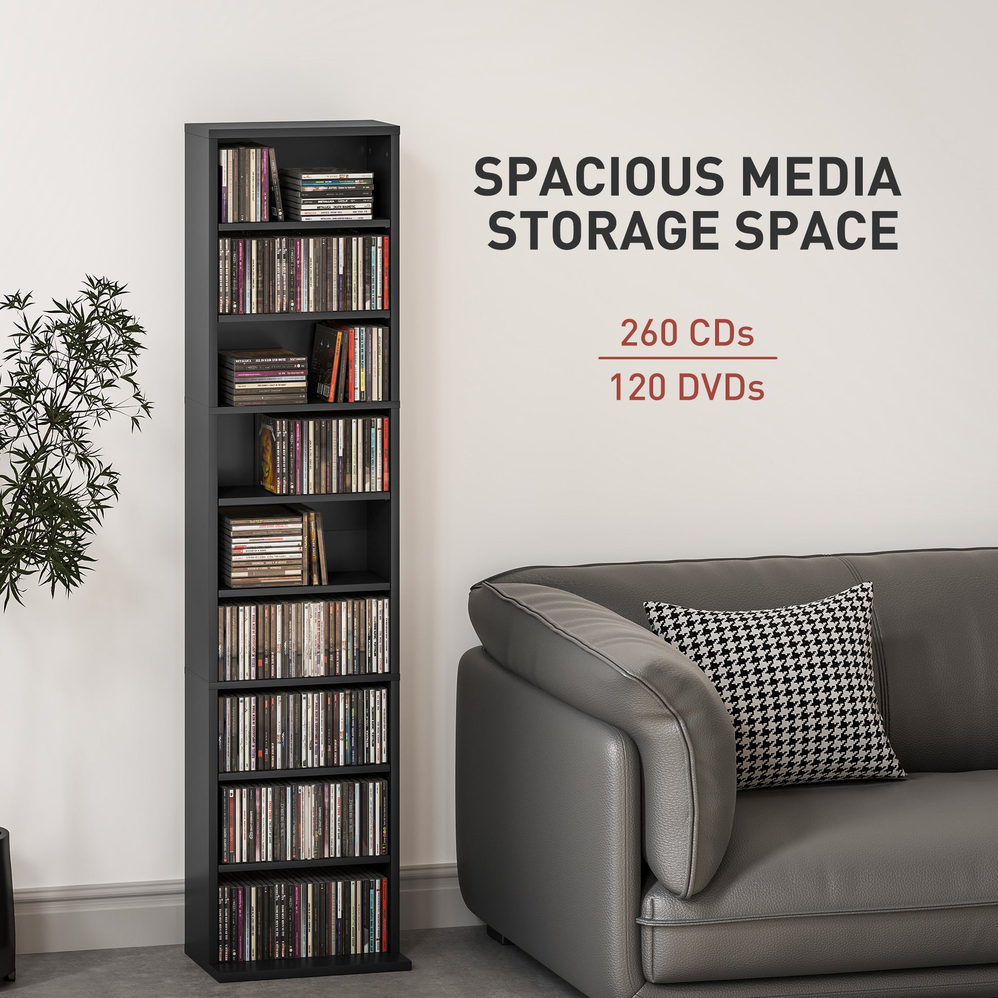 Media Storage Cabinet, 9-Tier Tall Narrow DVD Shelf with 6 Adjustable Shelves, Black