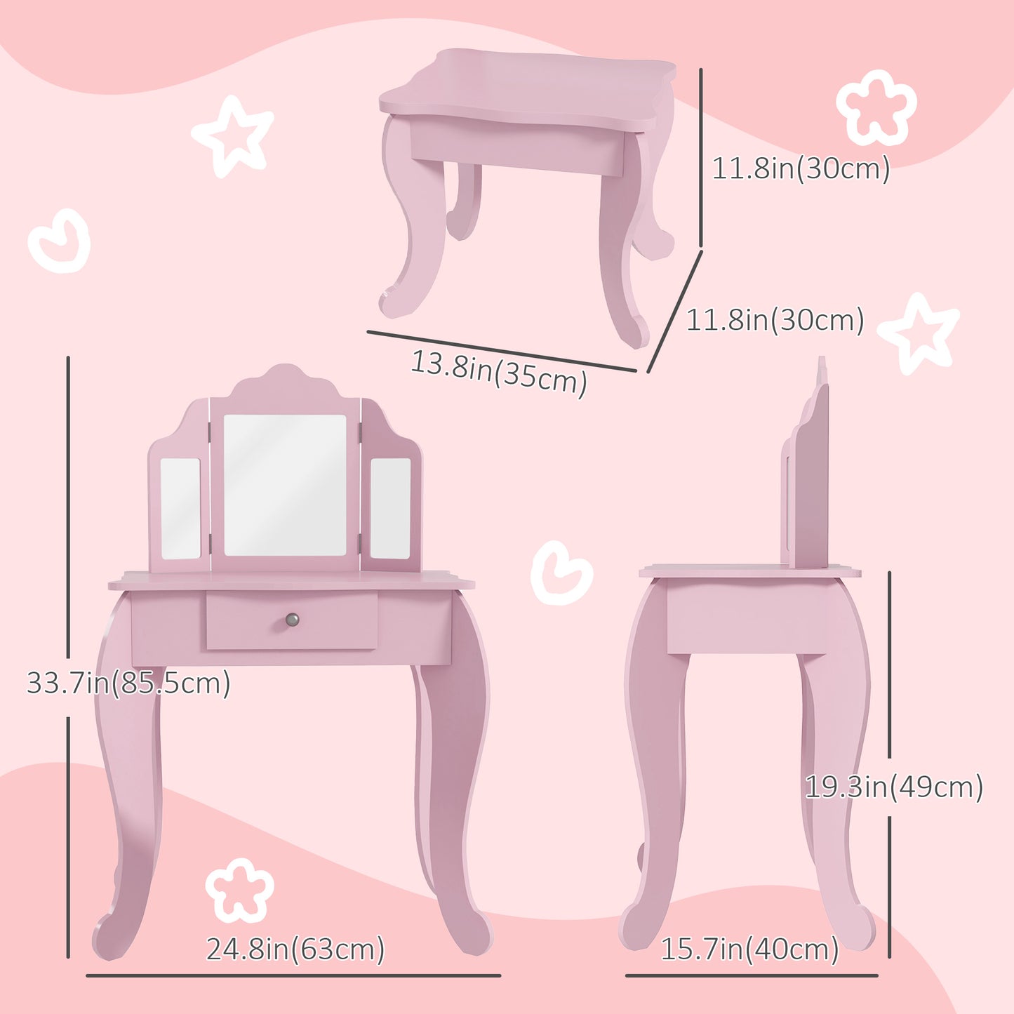 Qaba Kids Vanity Table and Stool, Makeup Vanity Girls Dressing Table Set with Tri-folding Mirrors Drawer Star and Heart 