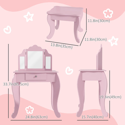Qaba Kids Vanity Table and Stool, Makeup Vanity Girls Dressing Table Set with Tri-folding Mirrors Drawer Star and Heart 