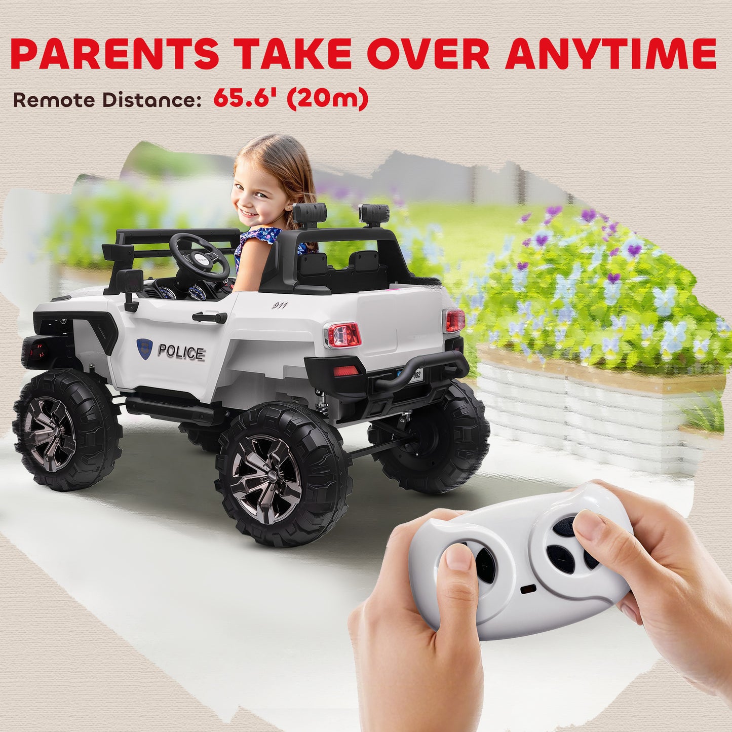 VarietyKart Kids 2 Seater Ride-On Car Police Truck Electric with LED Lights & MP3 for Kids White