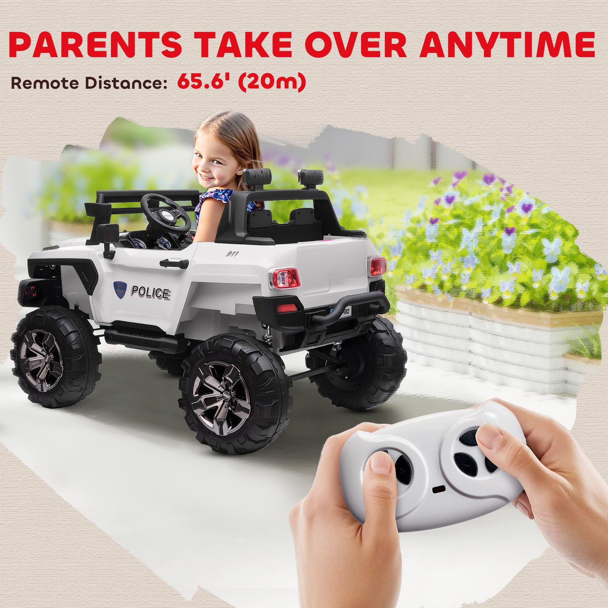 VarietyKart Kids 2 Seater Ride-On Car Police Truck Electric with LED Lights & MP3 for Kids White