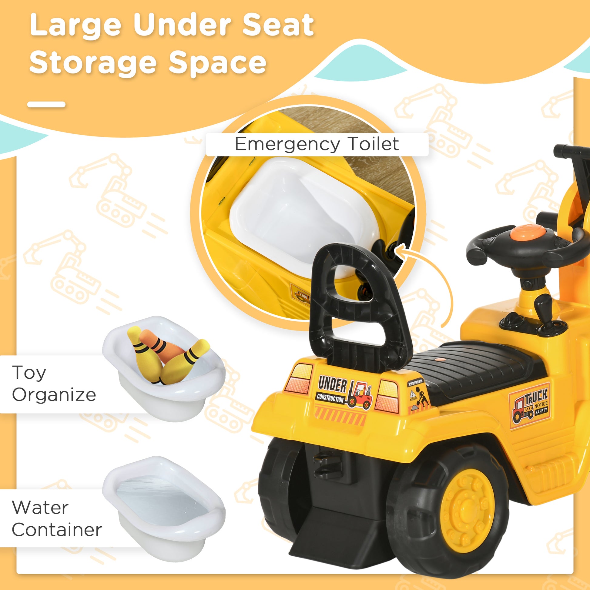 Ride-On Toy Excavator with Digger Scooter Steering Wheel Storage Toddlers for 18-48 Months, Yellow