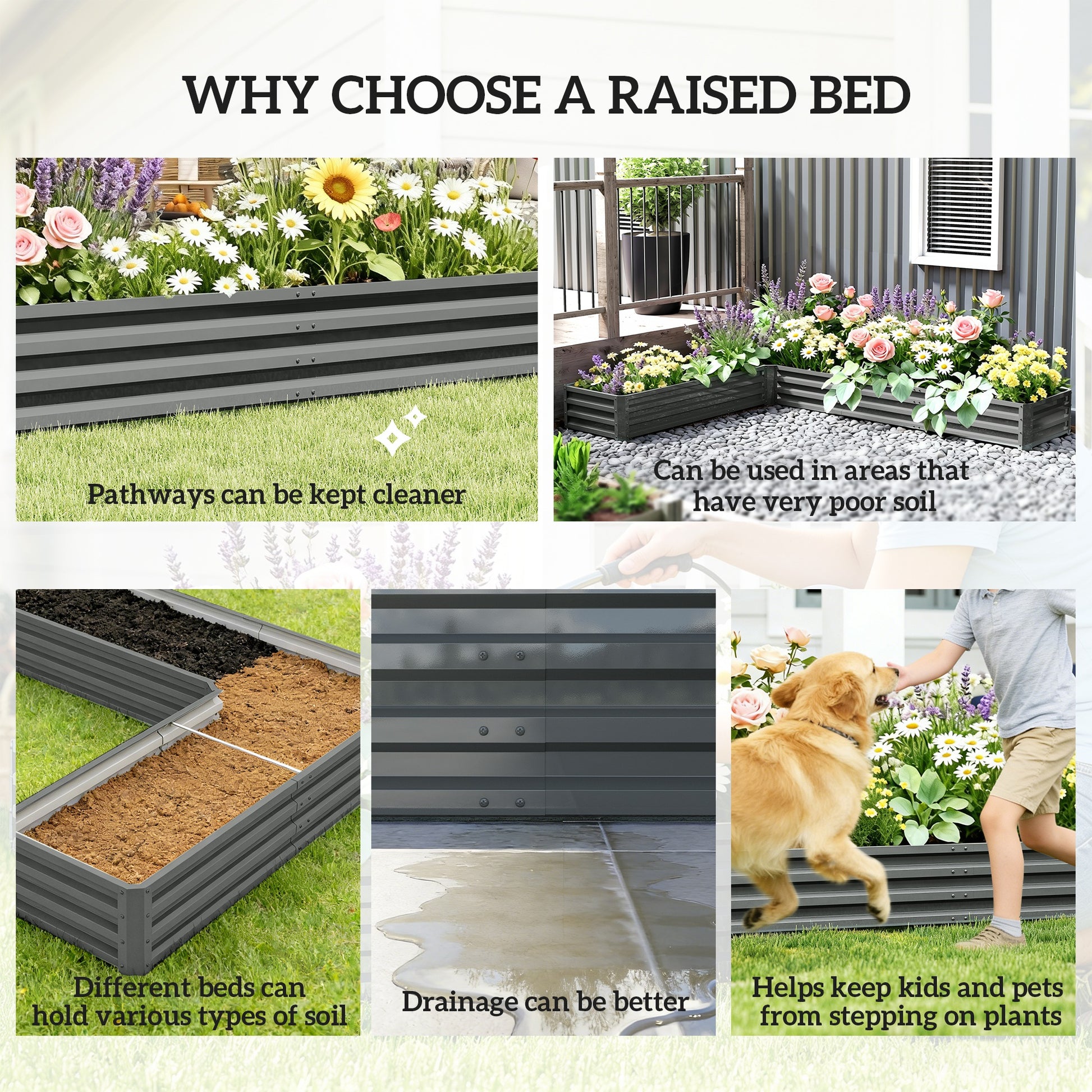L-Shaped Raised Garden Bed, 82" x 109" x 12" Galvanized Steel Planter Box with Multi-reinforced Rods for Vegetables, Flo