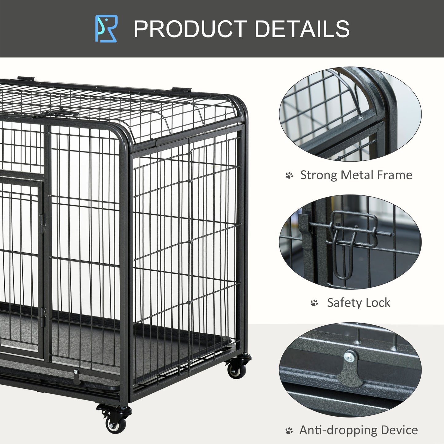 Folding Heavy Duty Dog Crate Heavy Duty Cage for Large Sized Dogs with Double Doors, Lockable Wheels Tray, 43" x 28" x 3