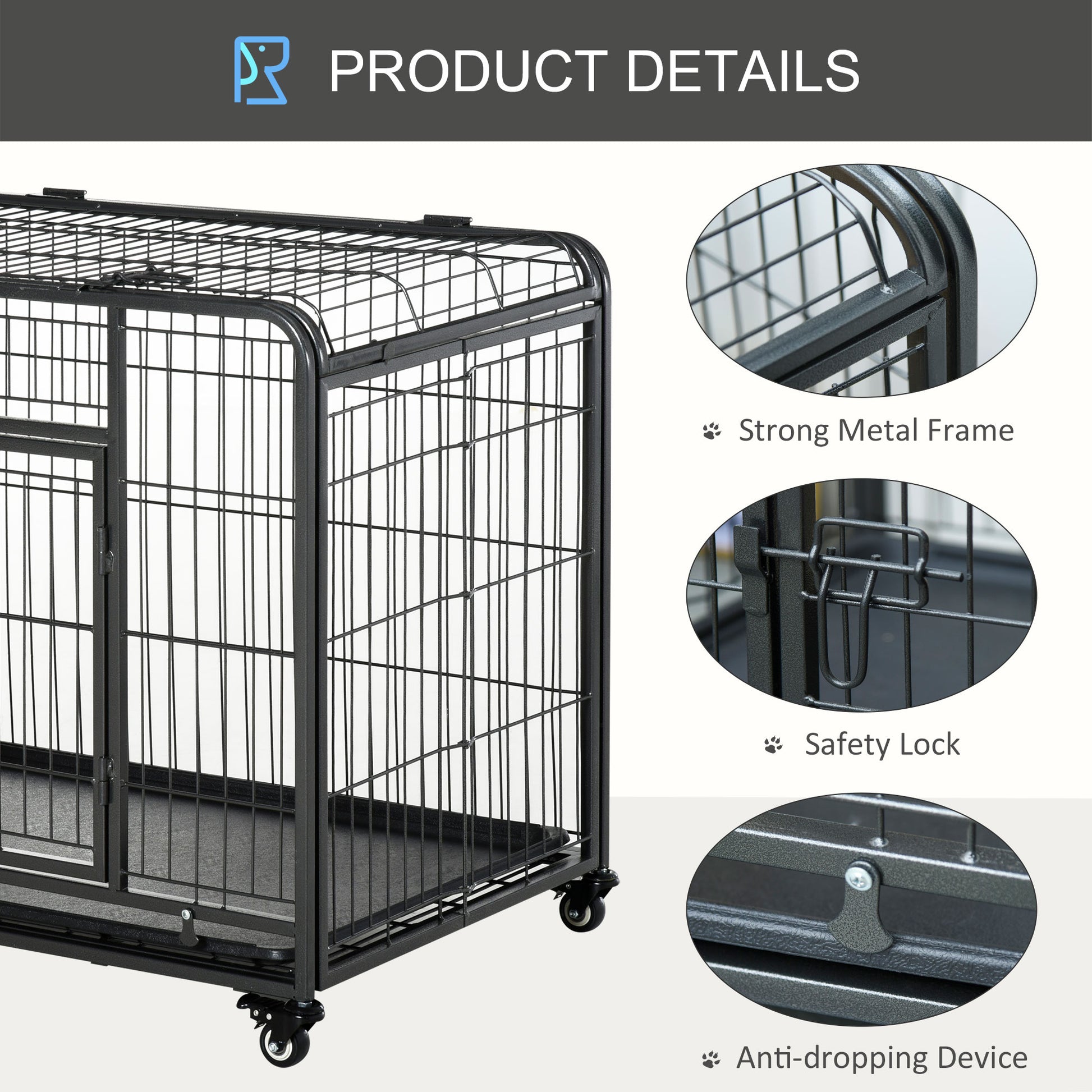 Folding Heavy Duty Dog Crate Heavy Duty Cage for Large Sized Dogs with Double Doors, Lockable Wheels Tray, 43" x 28" x 3