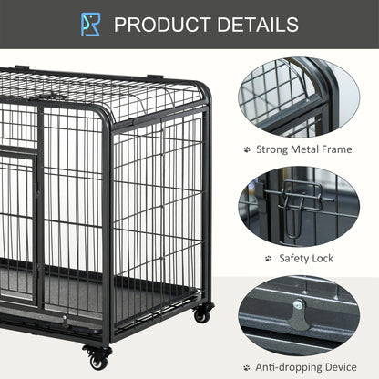 Folding Heavy Duty Dog Crate Heavy Duty Cage for Large Sized Dogs with Double Doors, Lockable Wheels Tray, 43" x 28" x 3