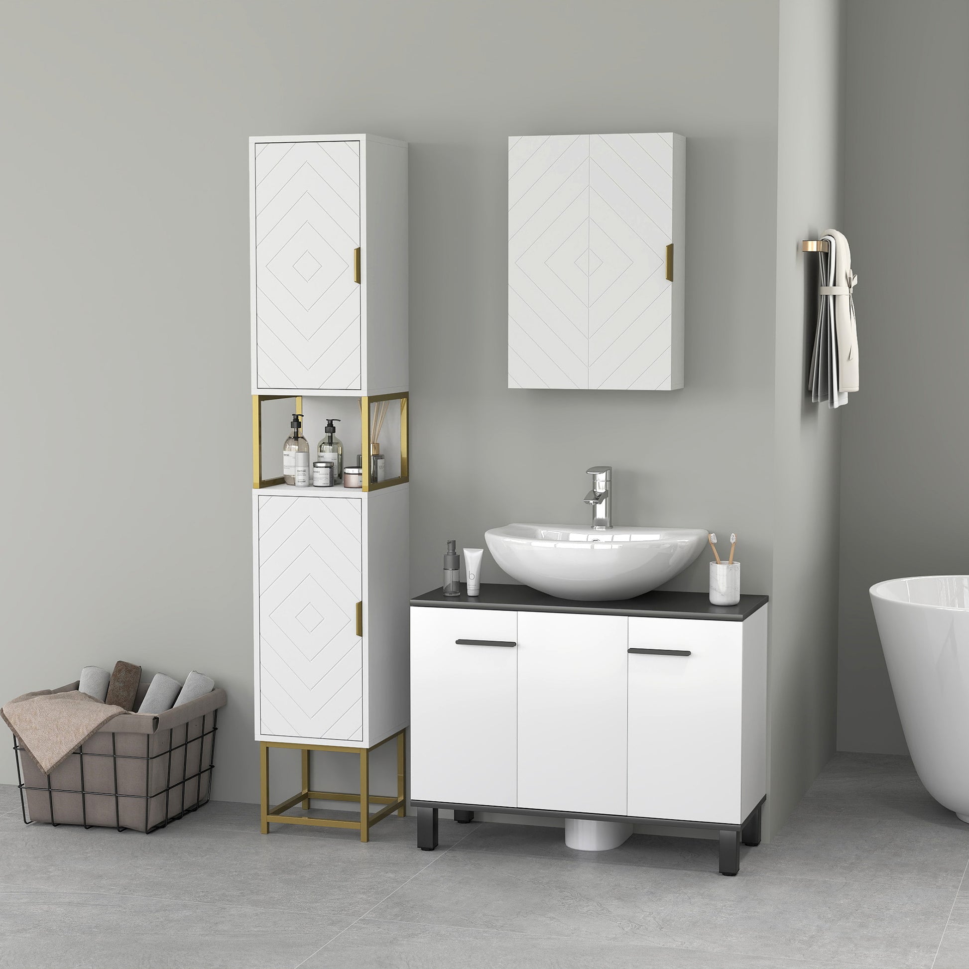 2-Piece Bathroom Storage Cabinet Set, Bathroom Cabinets with Adjustable Shelves, Free Standing, Wall-Mounted, White
