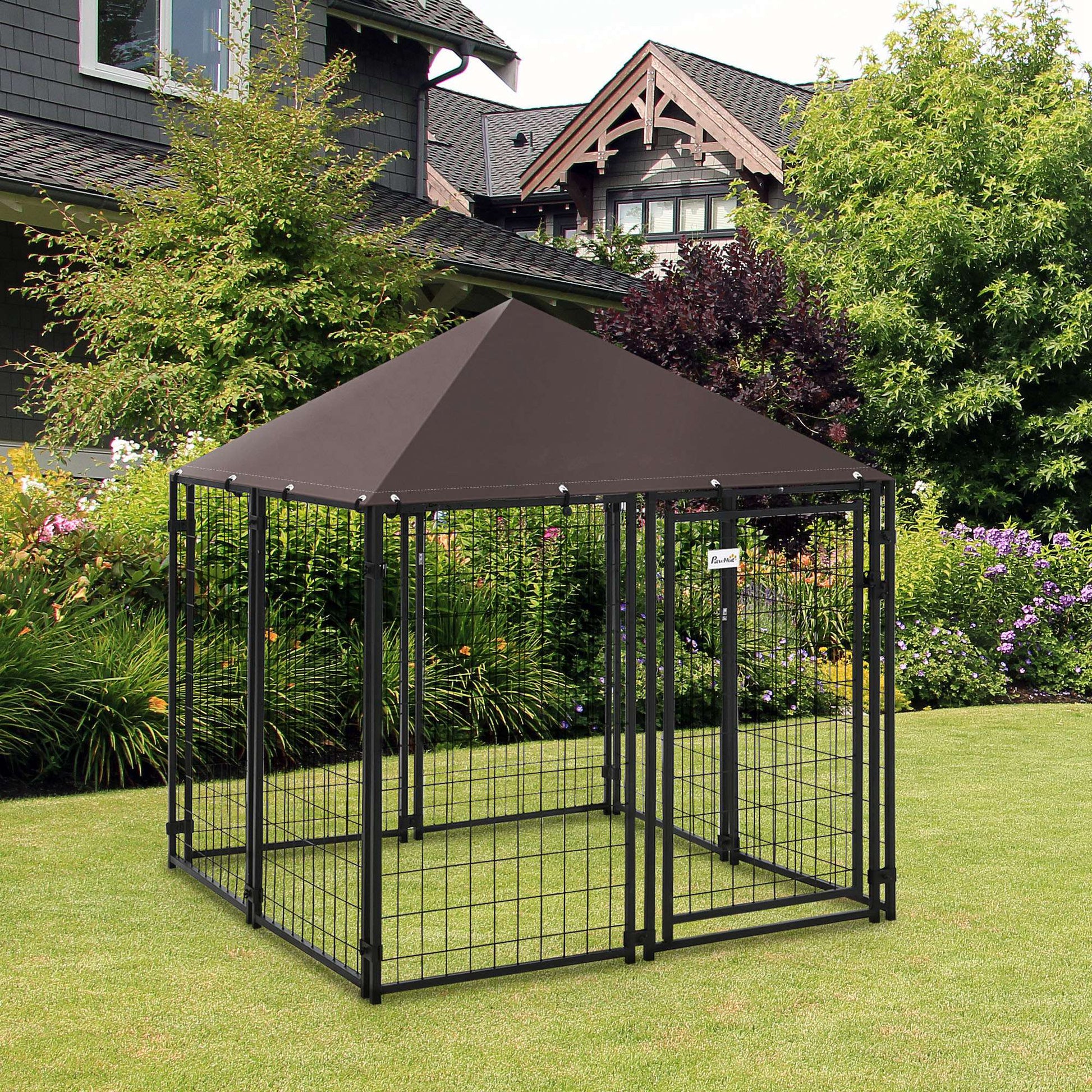 Outdoor Dog Kennel, Welded Wire Steel Fence, Lockable Pet Playpen Crate, with Water-, UV-Resistant Canopy Top, Door, 4.6