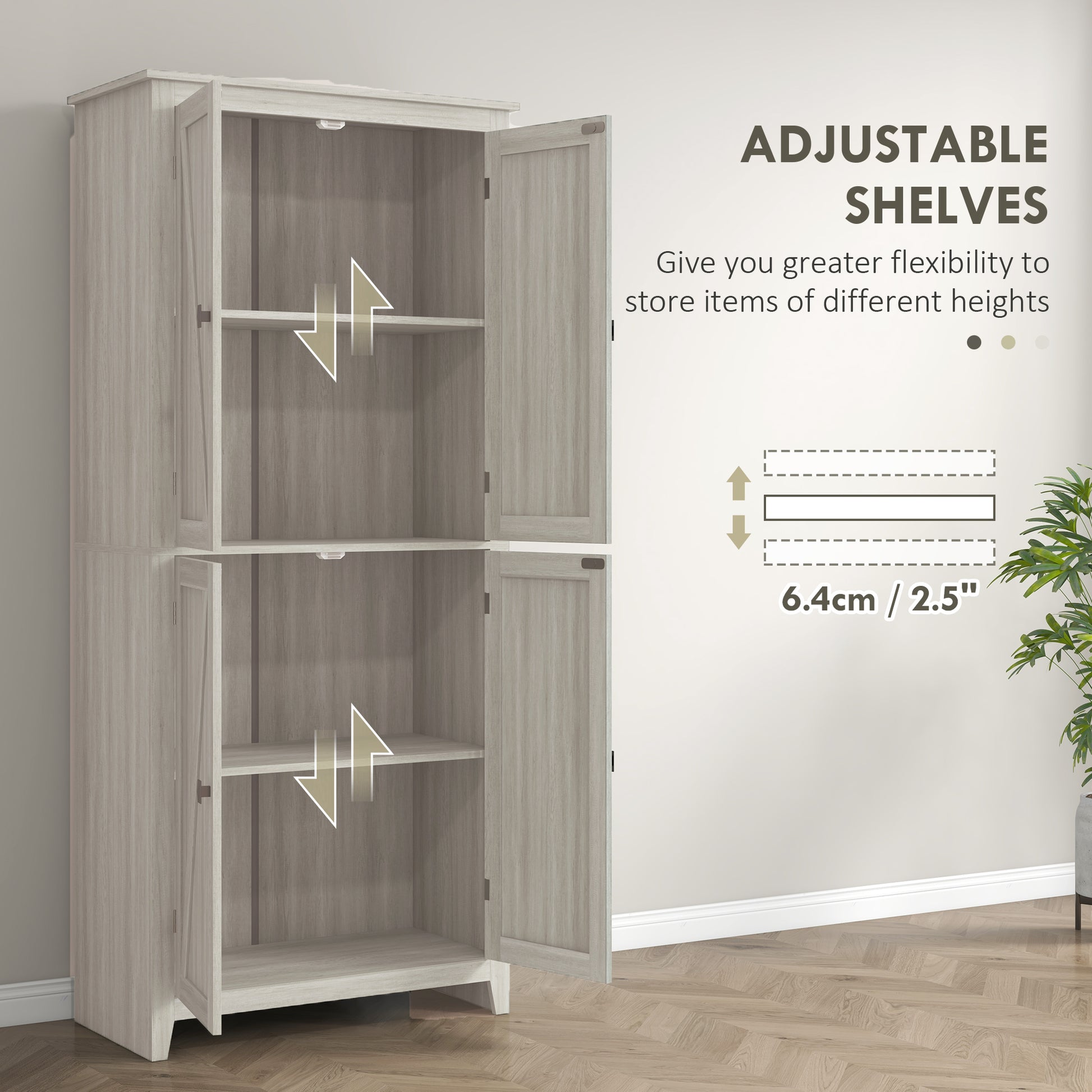 72" Freestanding Storage Cabinet, Kitchen Pantry Cabinet with Doors and Shelves for Dining Room, Grey