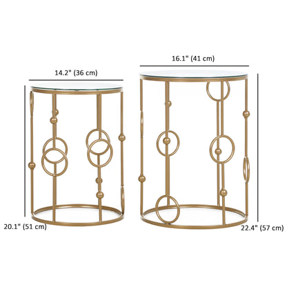 Round Coffee Tables Set of 2, Gold Nesting Side End Tables with Tempered Glass Top, Steel Frame for Living Room