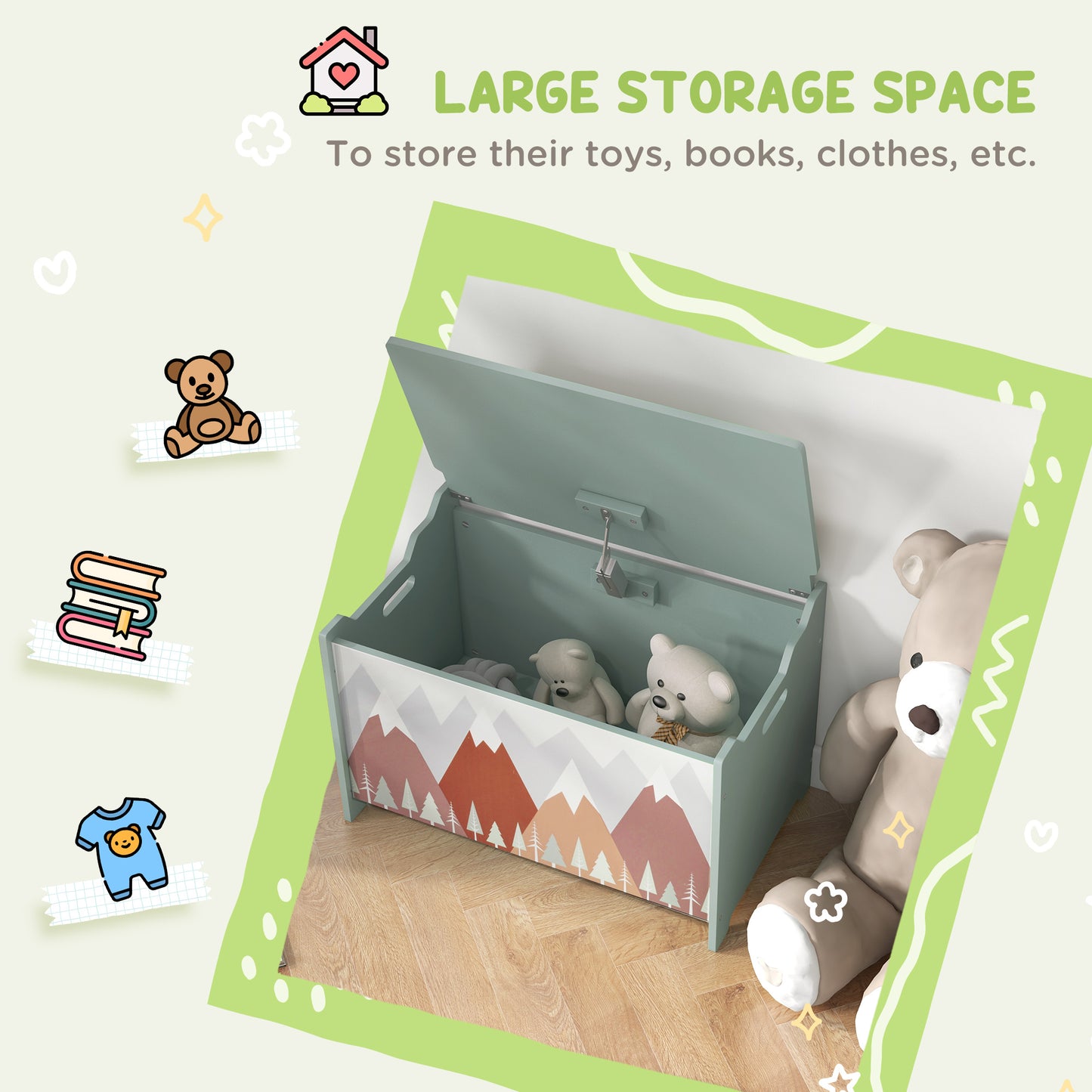 Qaba Toy Box, Kids Storage Chest with Lid, Safety Hinges and Groove Handles, Toy Storage Organizer with Mountain Pattern