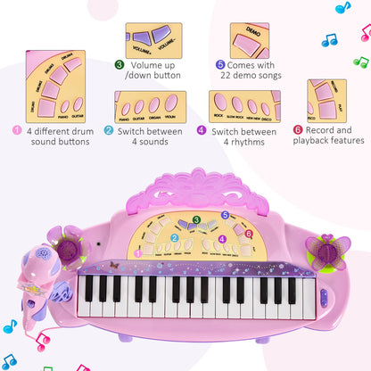 Qaba Kids Piano Electronic Keyboard Instrument with Microphone and Stool 32 Keys Musical Toy Organ Educational Gift for 