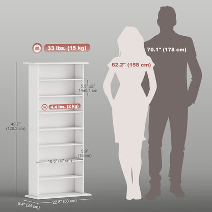 8-Tier DVD Shelf with 6 Adjustable Shelves, Slim CD Shelf, Holds 360 CDs, 185 DVDs or 185 Blu-rays, White