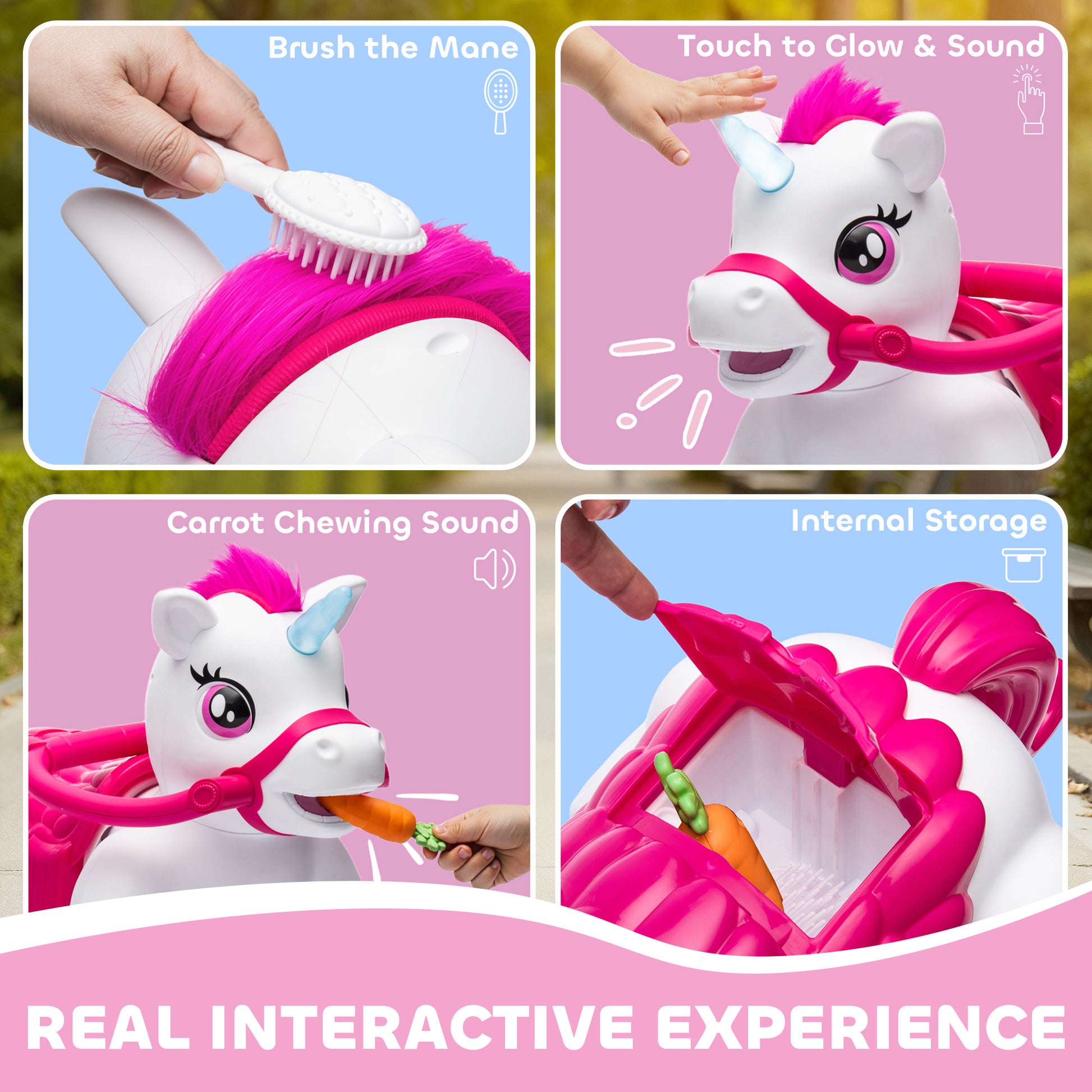 Qaba 12V Unicorn Ride on Toy, Battery Powered Kids Electric Ride on Horse with Carrot Toy, Comb, Animal Sounds