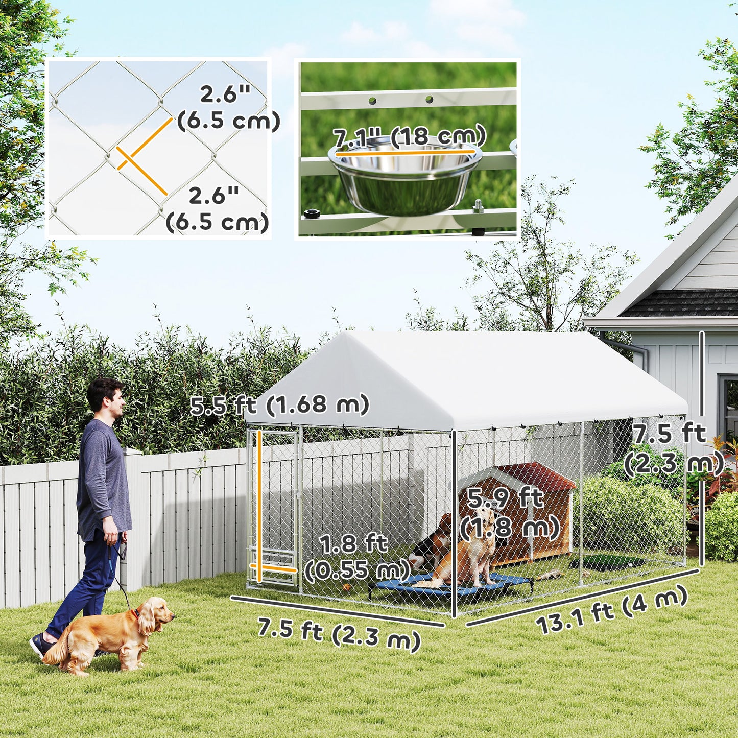 Outdoor Dog Run with Adjustable & Rotatable Bowls, Waterproof UV-Resistant Cover, Escape-Proof Lock, 13.1' x 7.5' x 7.5'