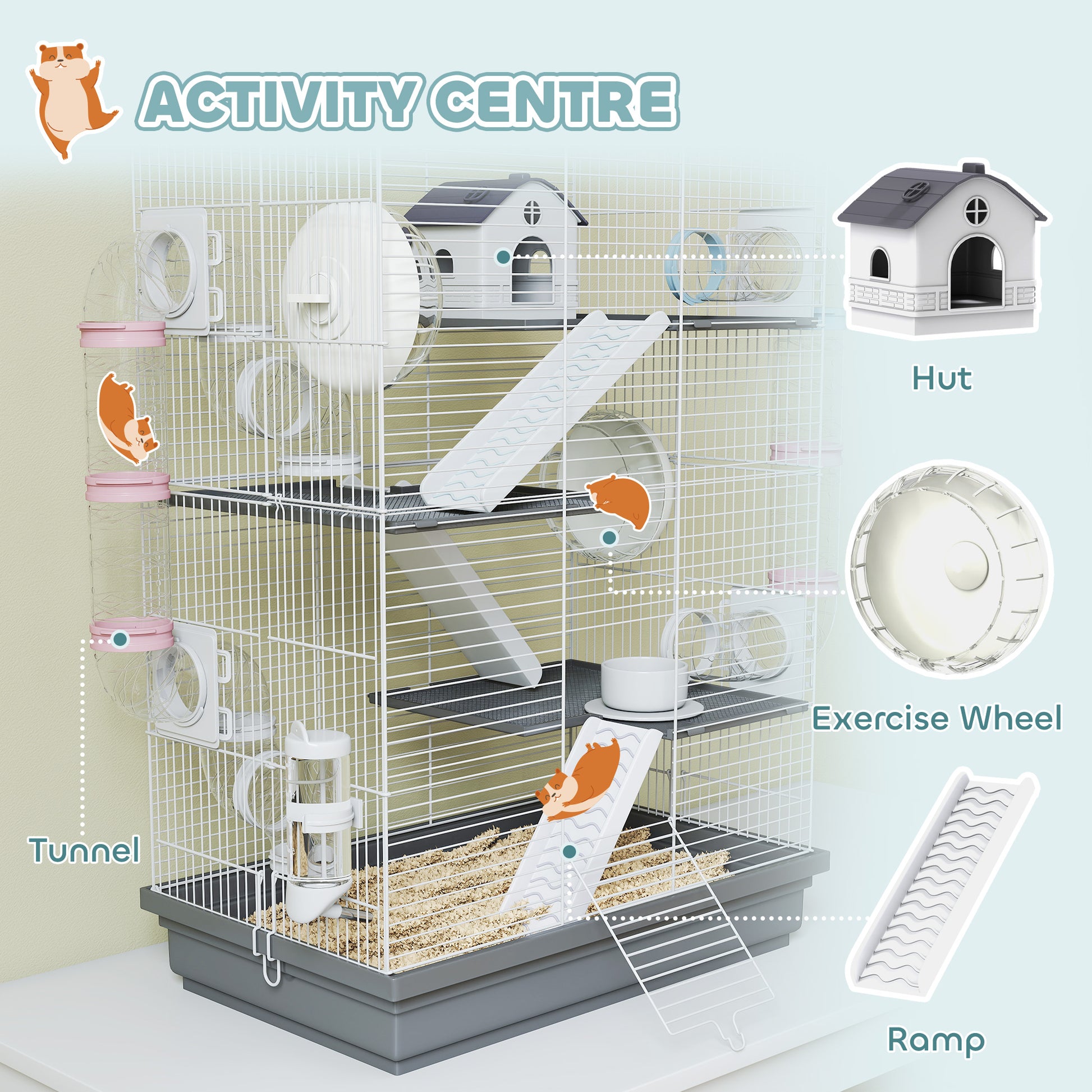 4-Level Large Hamster Cage with DIY Tubes, Water Bottle, Food Dish, Hut, Exercise Wheels, Grey