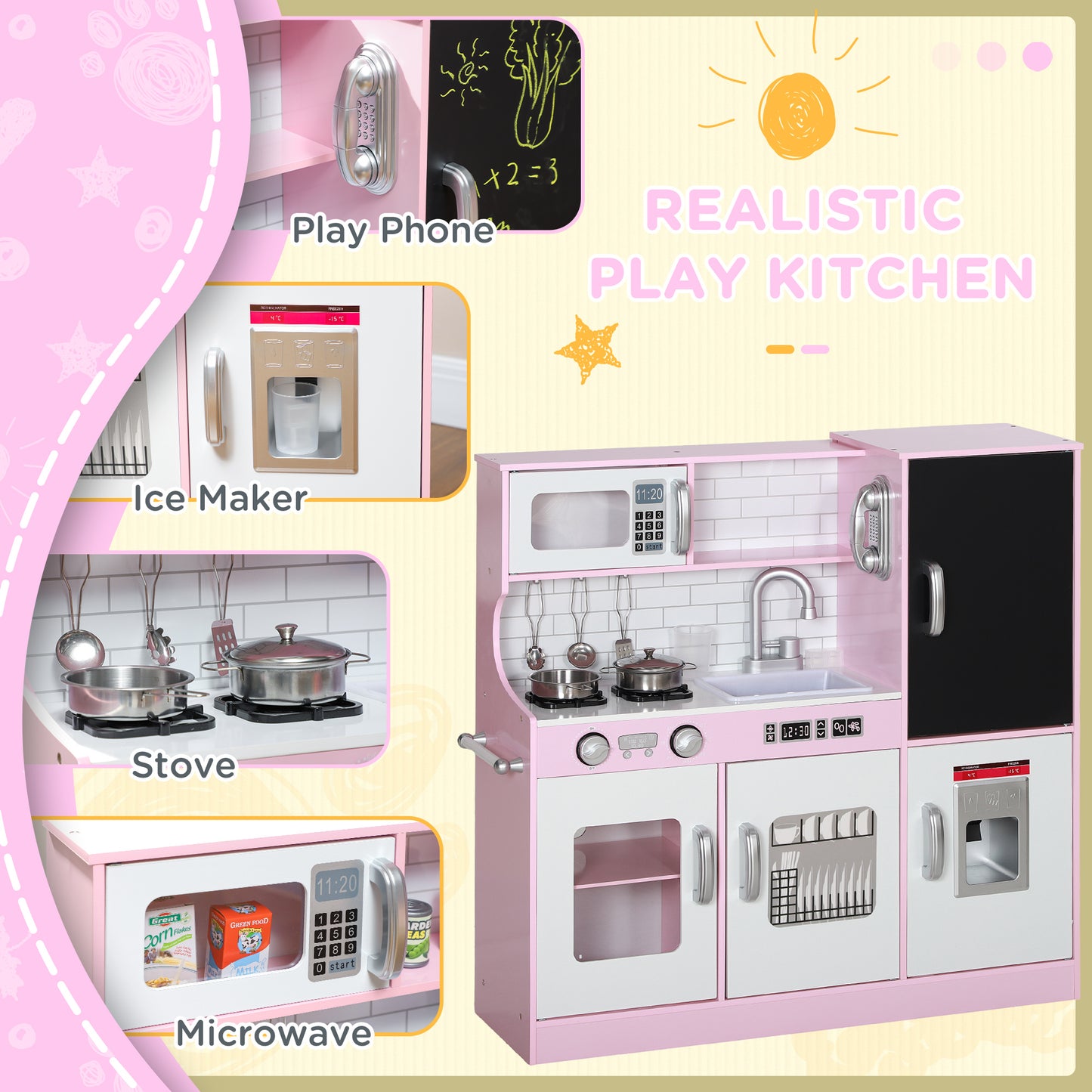 Qaba Play Kitchen for Kids, Kids Kitchen Playset w/ Chalkboard, Ice Maker, Play Phone, Sink, Microwave