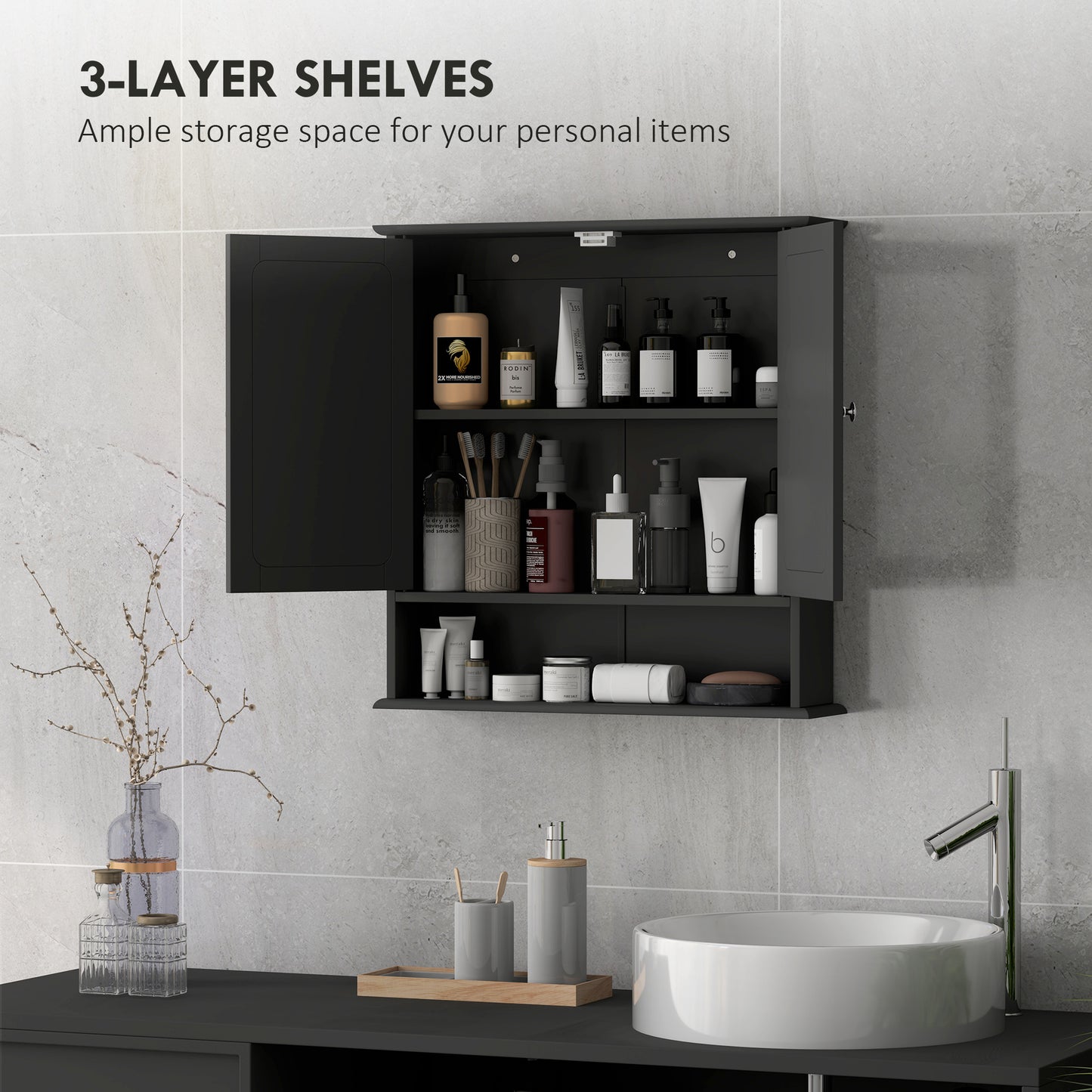 Medicine Cabinet, Wall-Mounted Bathroom Mirror Cabinet with Double Doors, Open Shelf, and Adjustable Shelf, Modern Bathr