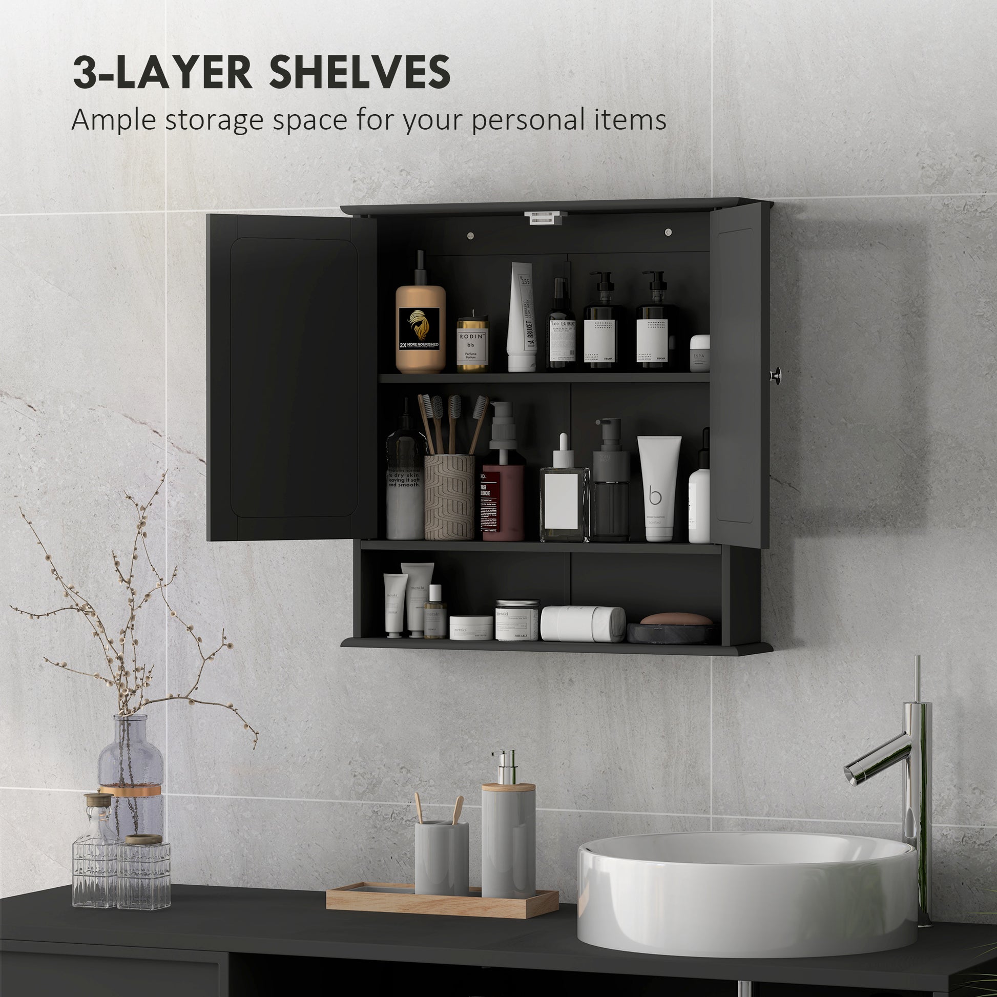 Medicine Cabinet, Wall-Mounted Bathroom Mirror Cabinet with Double Doors, Open Shelf, and Adjustable Shelf, Modern Bathr