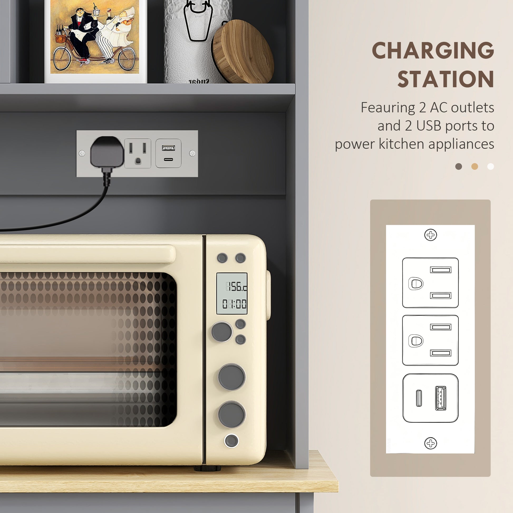 Kitchen Cabinet with Charging Station, 2 Tilt Out Cabinets, Microwave Stand, Freestanding Kitchen Pantry Cabinet, Grey