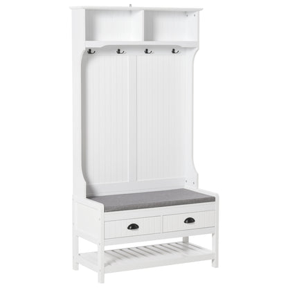 Coat Rack Shoe Bench, Hall Tree with Bench and Shoe Storage, Entryway Bench with 4 Hooks, 2 Drawers, 2 Shelves, White