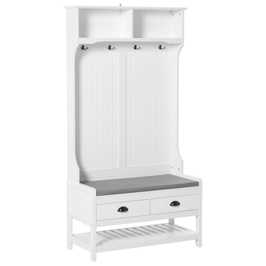 Coat Rack Shoe Bench, Hall Tree with Bench and Shoe Storage, Entryway Bench with 4 Hooks, 2 Drawers, 2 Shelves, White