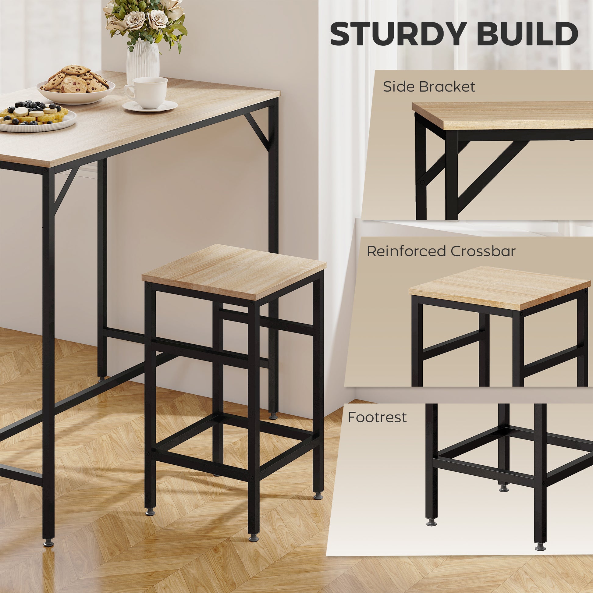 5 Pieces Industrial Rectangular Bar Table Set, Dining Table Set Breakfast Table with 4 Stools for Dining Room, Kitchen, 