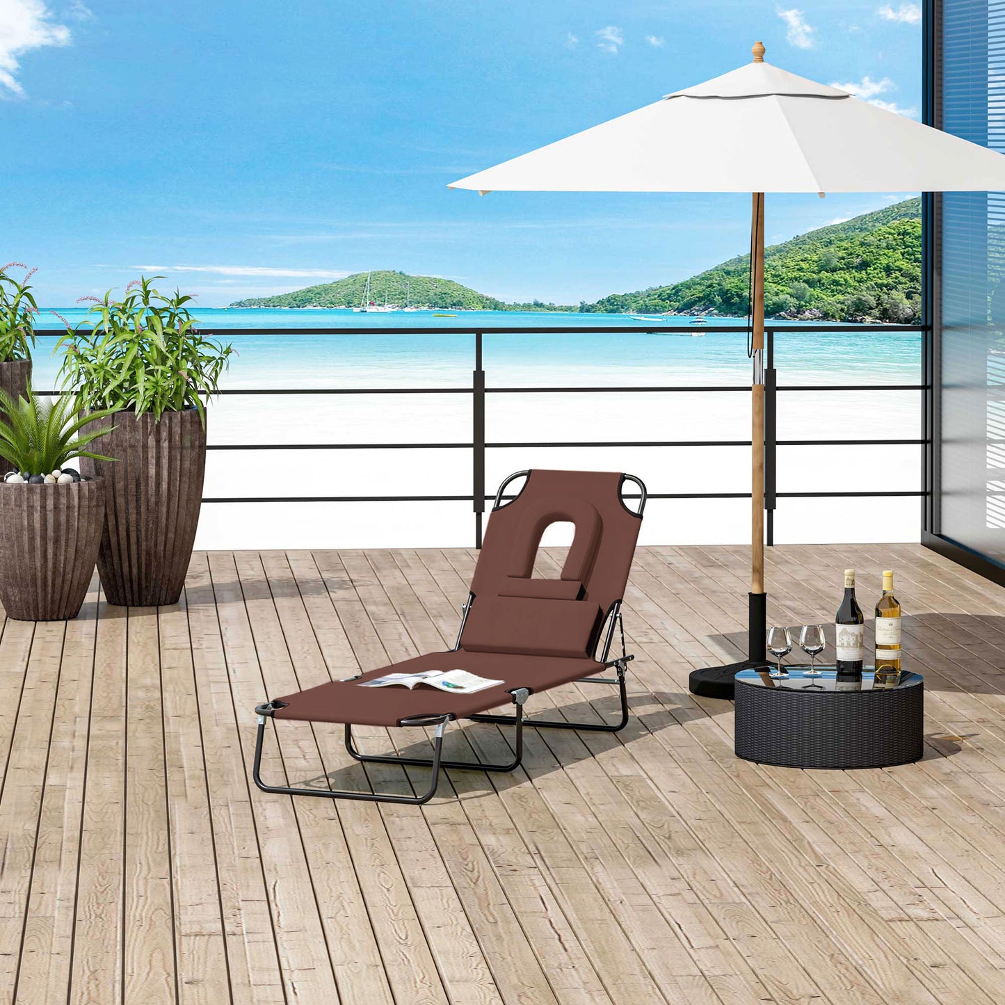 Folding Chaise Lounge Chair, Reclining Beach Tanning Chair with Face Hole, Pillow, 4-Position Adjustable Lay Flat Sun Lo