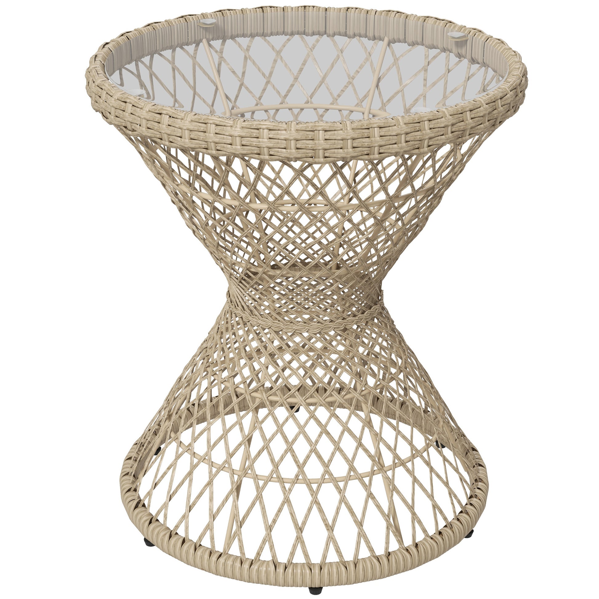 Wicker Outdoor Coffee Table, 18" Round Drum-Style Outdoor Patio Table with Tempered Glass Top, Light Brown