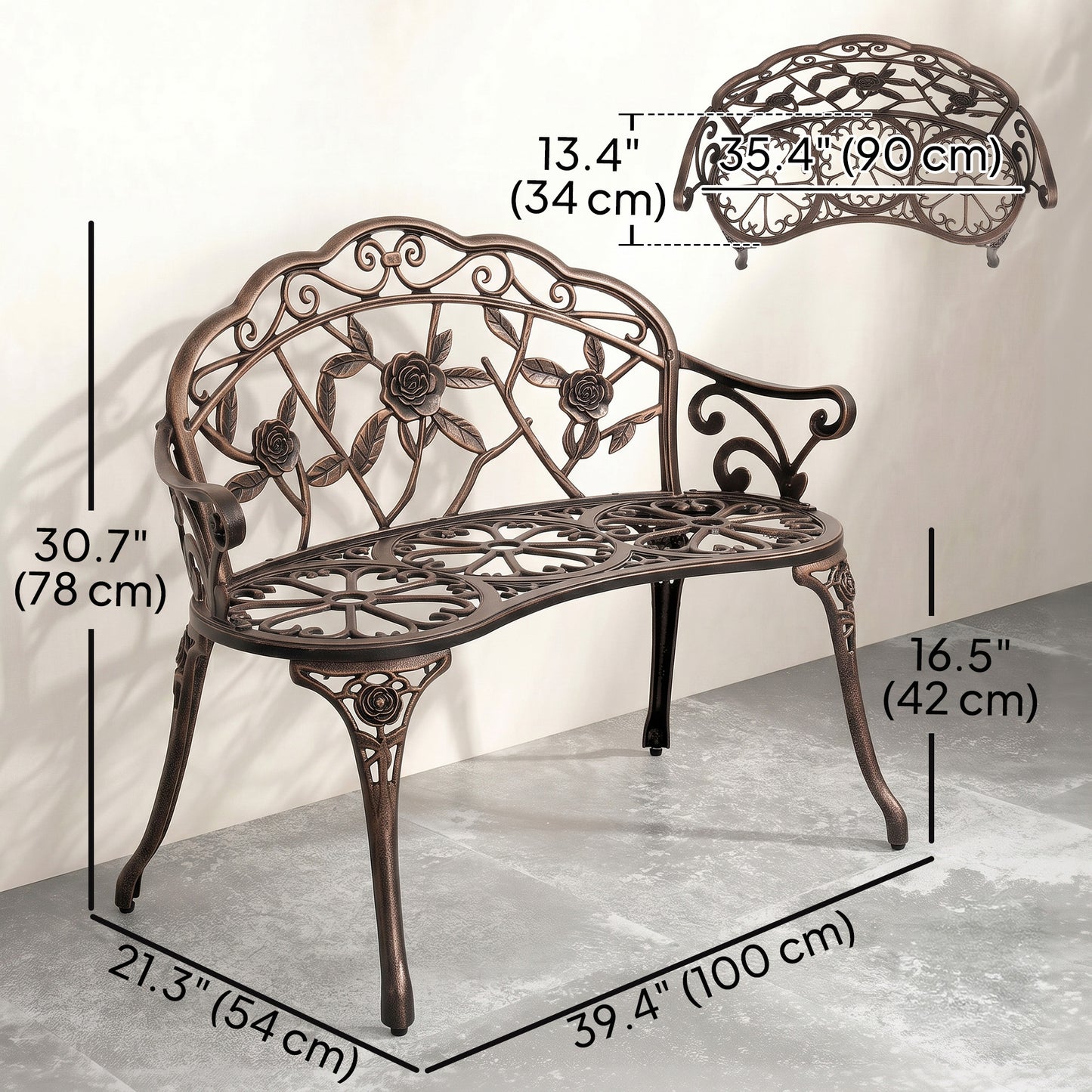 40" Outdoor Garden Bench, Cast Aluminum Antique Rose Style Patio Garden Park Loveseat Bench for Backyard, Porch, Balcony