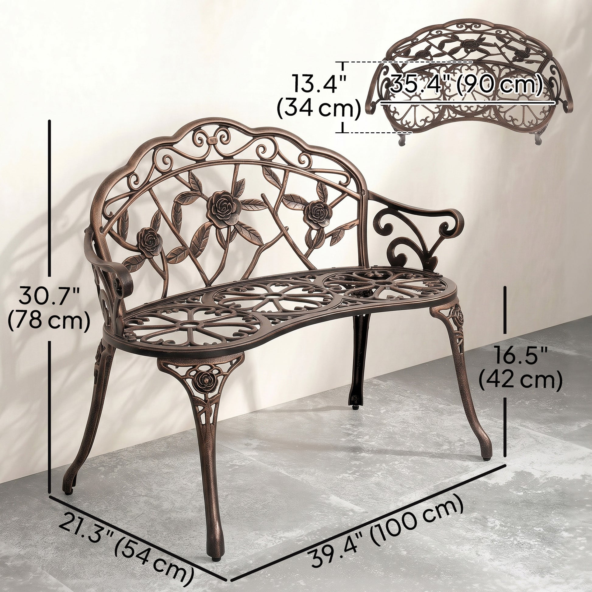 40" Outdoor Garden Bench, Cast Aluminum Antique Rose Style Patio Garden Park Loveseat Bench for Backyard, Porch, Balcony